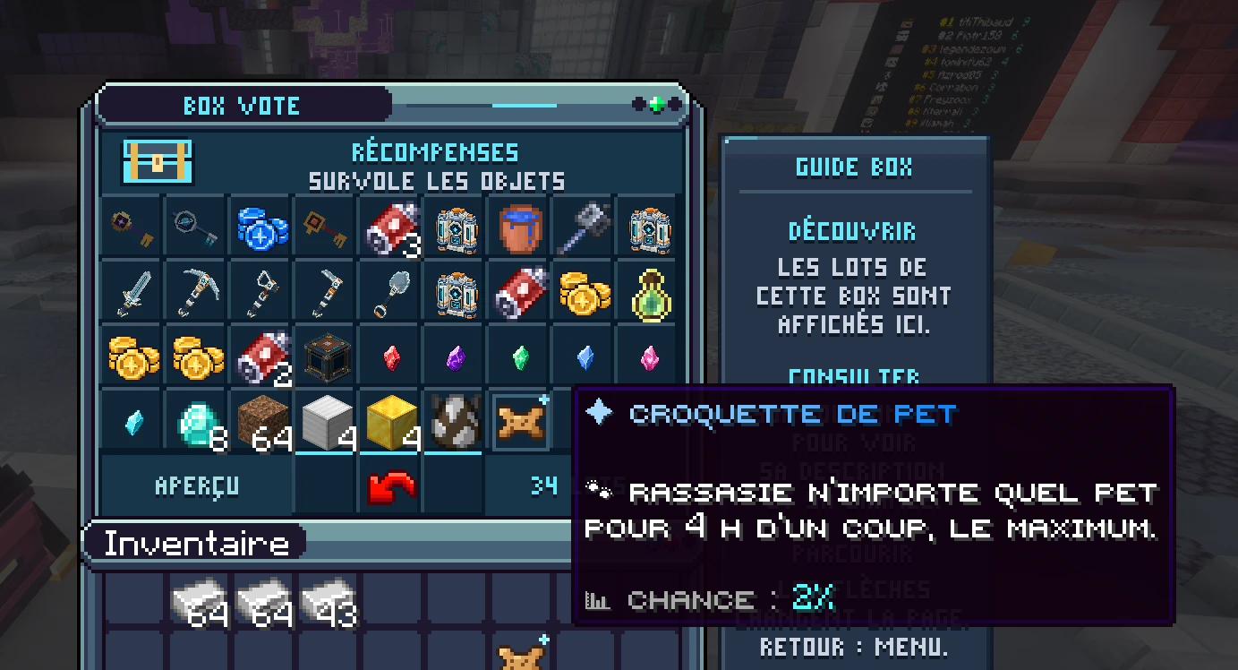 L'aperçu de la box Vote et ses 34 lots, avec l'infobulle de la croquette de pet : rassasie n'importe quel pet pour 4 h d'un coup, le maximum ; chance 2 %