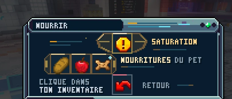 Le menu Nourrir de /pets : la saturation du pet, puis ses nourritures, le pain, la pomme et la croquette de pet en troisième case ; clique sur la nourriture dans ton inventaire