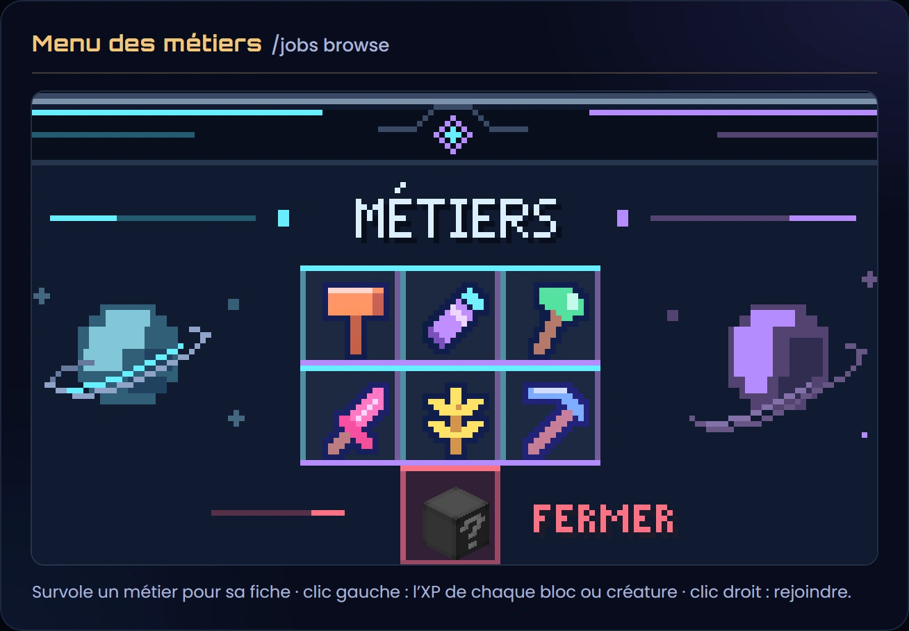 Le menu /jobs browse : le titre Métiers, les 6 métiers au centre et le bouton Fermer