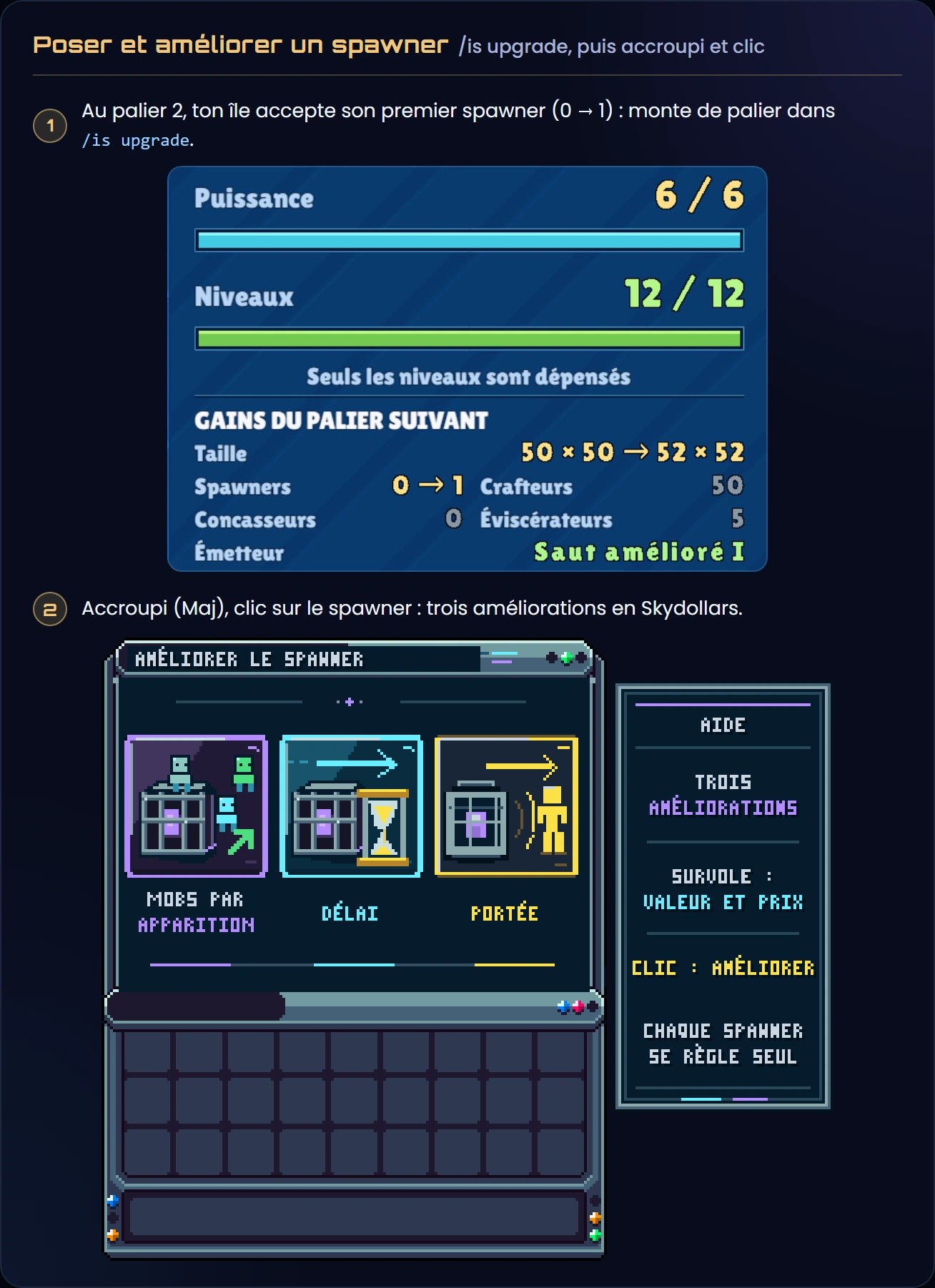 Le menu d'amélioration d'un spawner, avec ses trois boutons : mobs par apparition, délai et portée