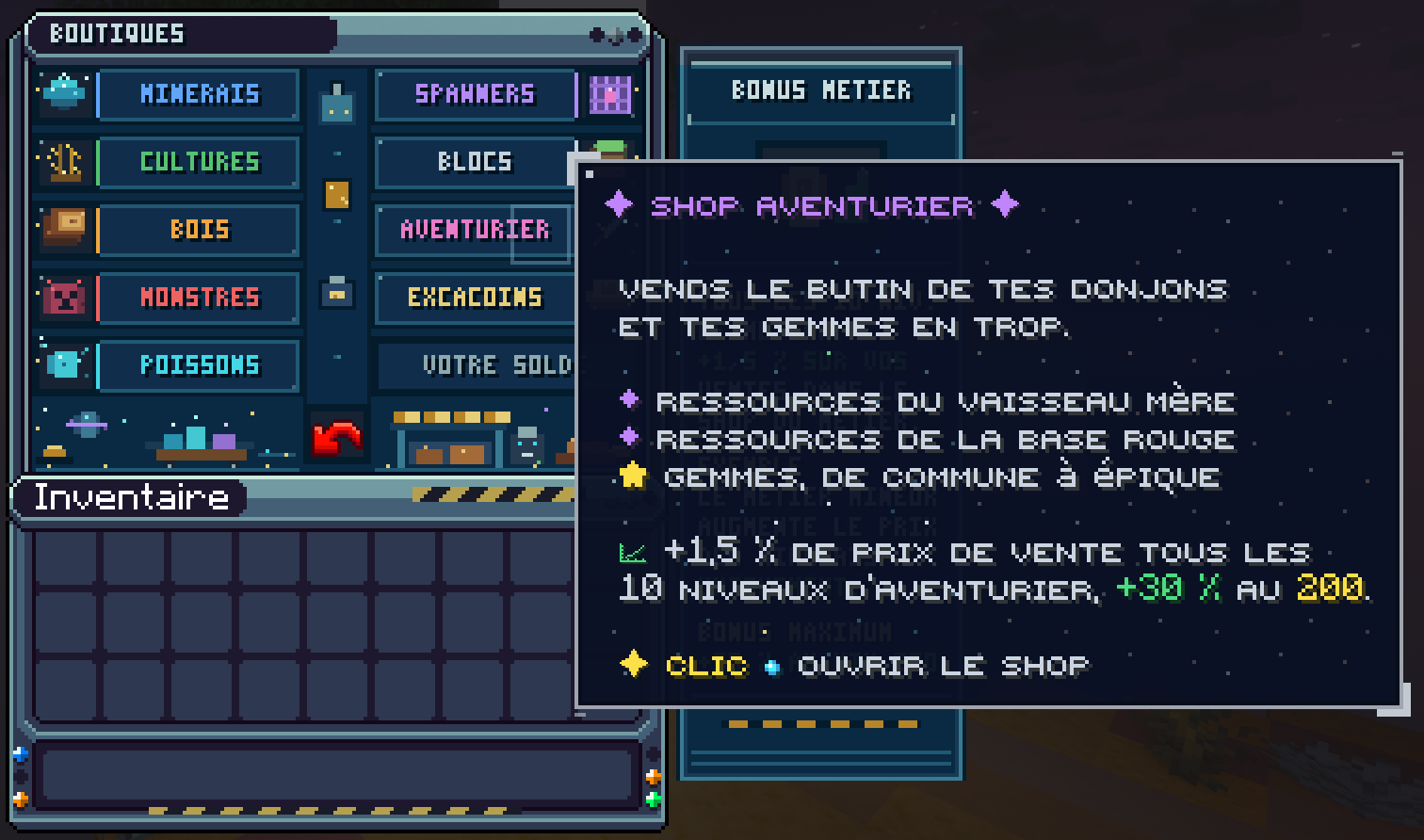 Le menu des boutiques de /shop, avec le bouton Aventurier à la place des Décorations, et son infobulle : vends le butin de tes donjons et tes gemmes en trop ; ressources du Vaisseau mère, ressources de la Base Rouge, gemmes de commune à épique ; +1,5 % de prix de vente tous les 10 niveaux d'Aventurier, +30 % au 200 ; clic pour ouvrir le shop