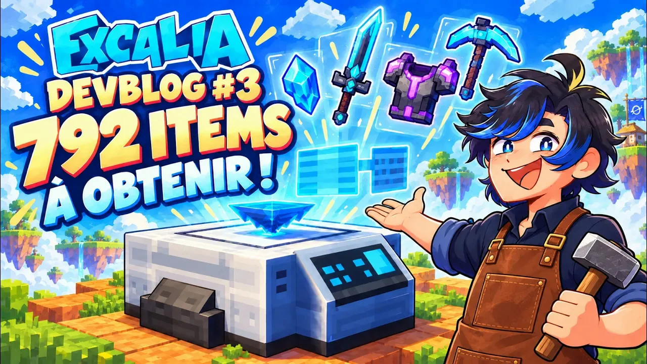 Miniature du devblog 3 d'Excalia : « 792 items à obtenir ! », un artisan devant une machine entourée d'armes et d'armures