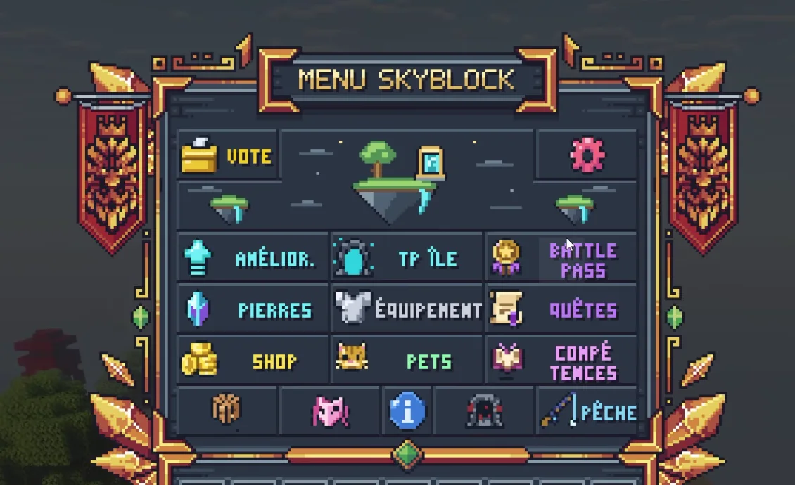 Le nouveau menu Skyblock de la Saison 2 : vote, amélioration, TP île, Battle Pass, pierres, équipement, quêtes, shop, pets, compétences, pêche