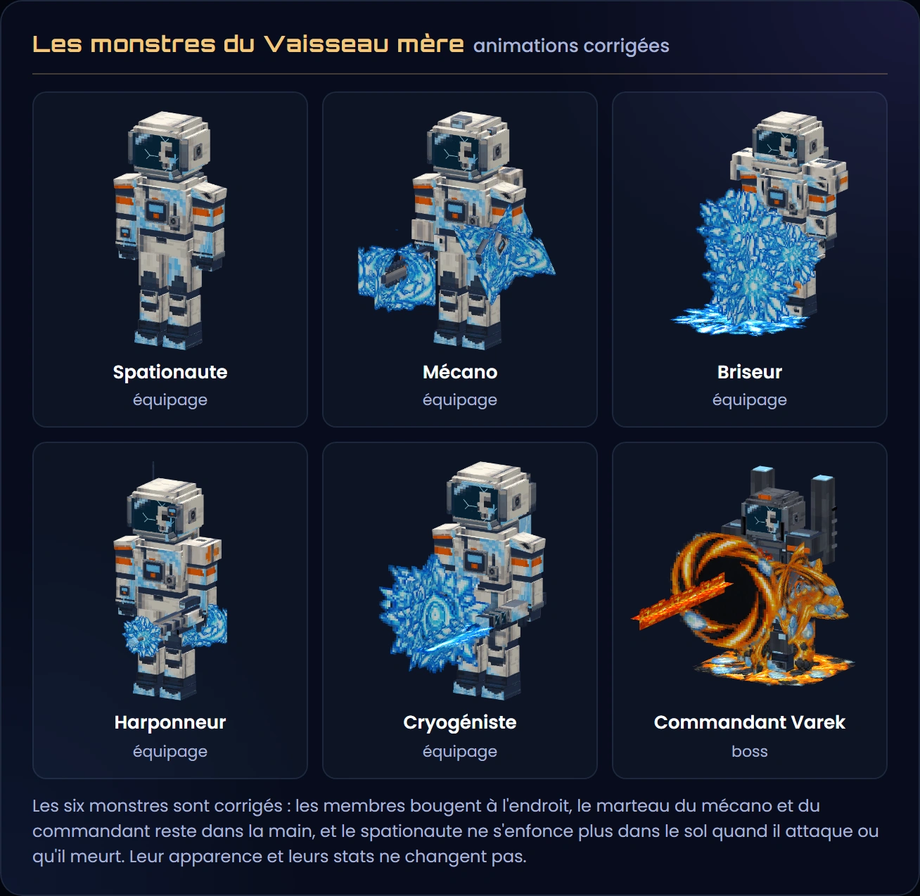 Les six monstres du Vaisseau mère en combinaison spatiale blanche à bandes orange, la visière fendue sur un crâne : le Spationaute, le Mécano et son marteau à étincelles bleues, le Briseur et son éclat de glace, le Harponneur et son fusil à harpon, le Cryogéniste et sa lame de givre, et le Commandant Varek en armure sombre, son marteau entouré d'un tourbillon de feu
