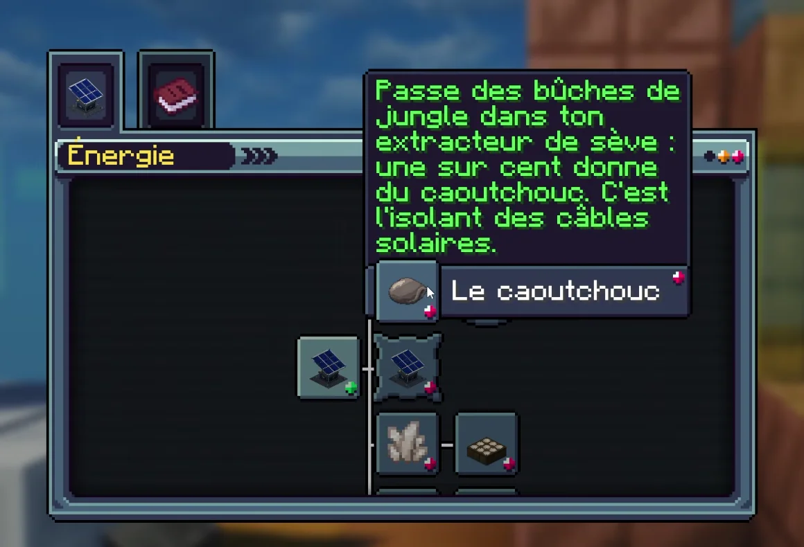 Le menu des progrès, onglet Énergie : la quête du caoutchouc explique qu'une bûche de jungle sur cent en donne dans l'extracteur de sève