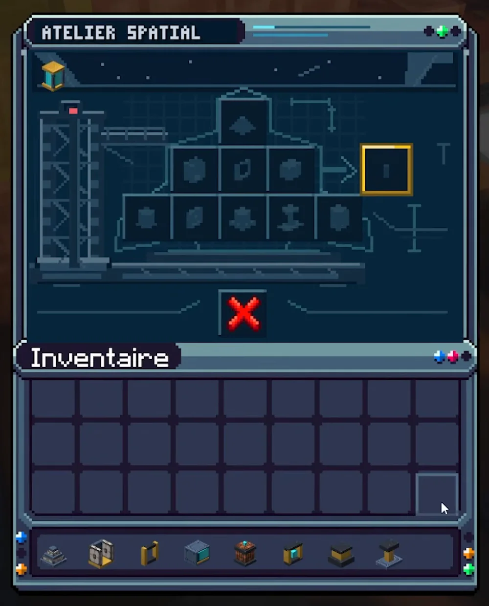 Le menu de l'atelier spatial : les emplacements des composants de la fusée