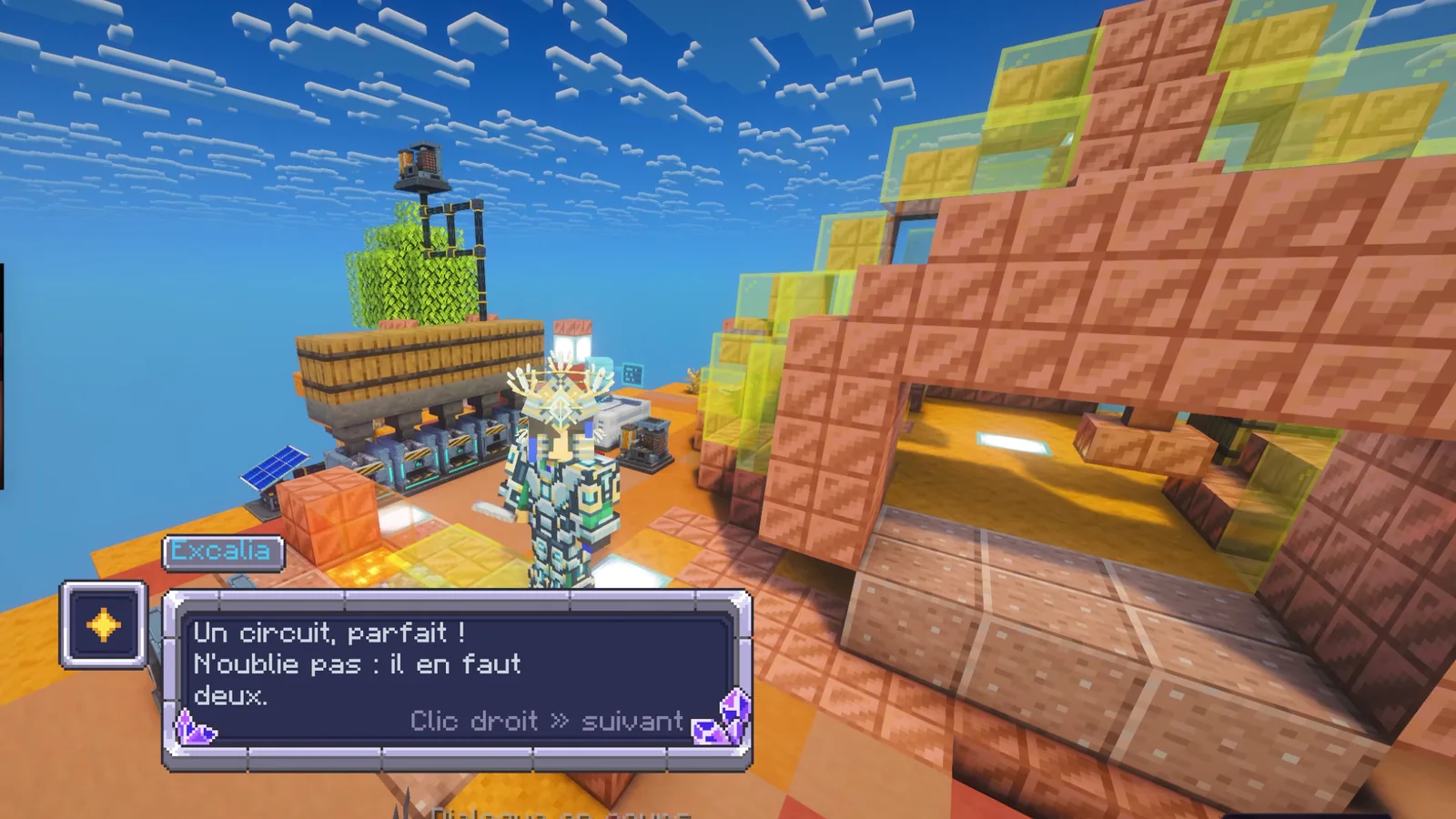 Une boîte de dialogue en jeu : « Un circuit, parfait ! N'oublie pas : il en faut deux. »