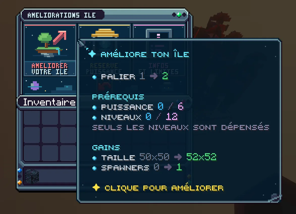 Le menu des paliers d'île : passage du palier 1 au palier 2, prérequis en puissance et en niveaux, gains en taille d'île et en spawners