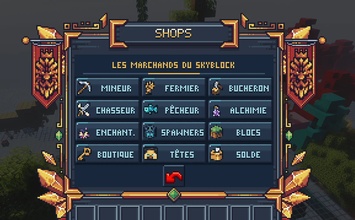 Le nouvel accueil des shops : Mineur, Fermier, Bûcheron, Chasseur, Pêcheur, Alchimie, Enchanteur, Spawners, Blocs, Boutique, Têtes et Solde