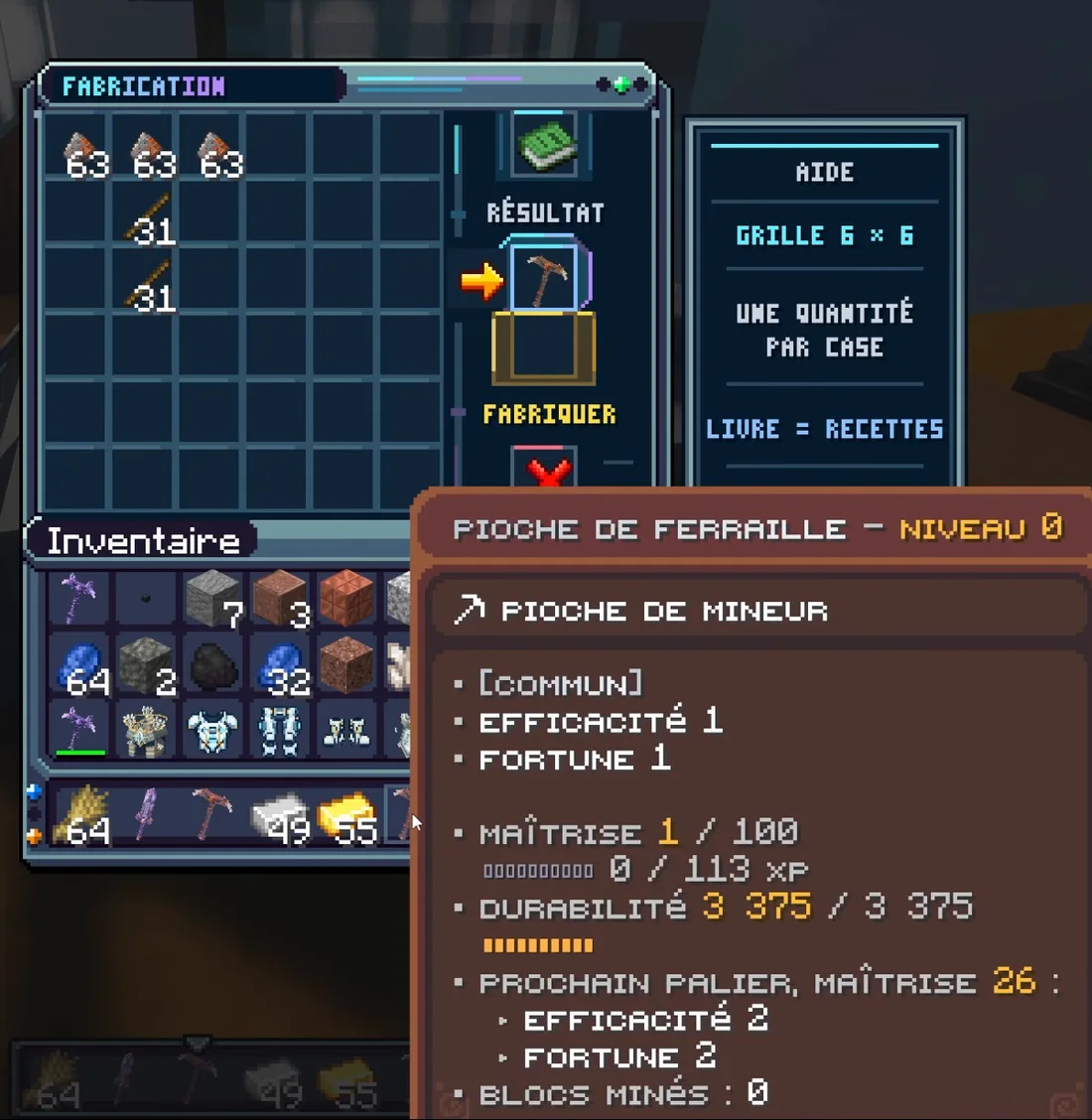 La table de craft améliorée : trois cailloux de ferraille et deux bâtons, la pioche de ferraille commune en résultat