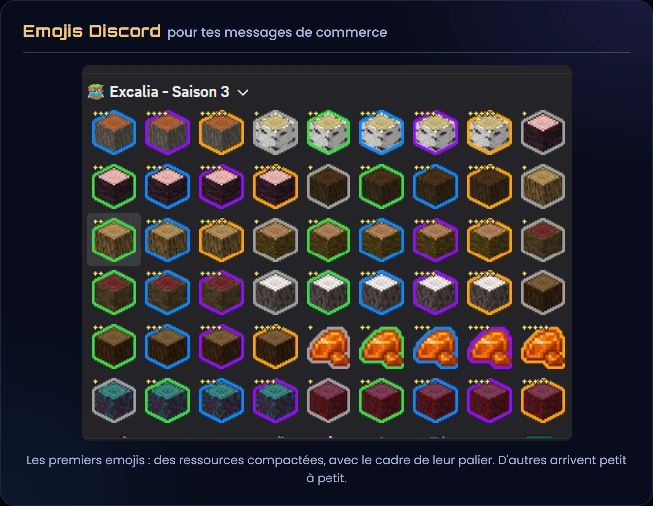 Le sélecteur d'emojis « Excalia - Saison 3 » sur Discord : bois, quartz, ambre et blocs compactés, chacun avec le cadre et les étoiles de son palier