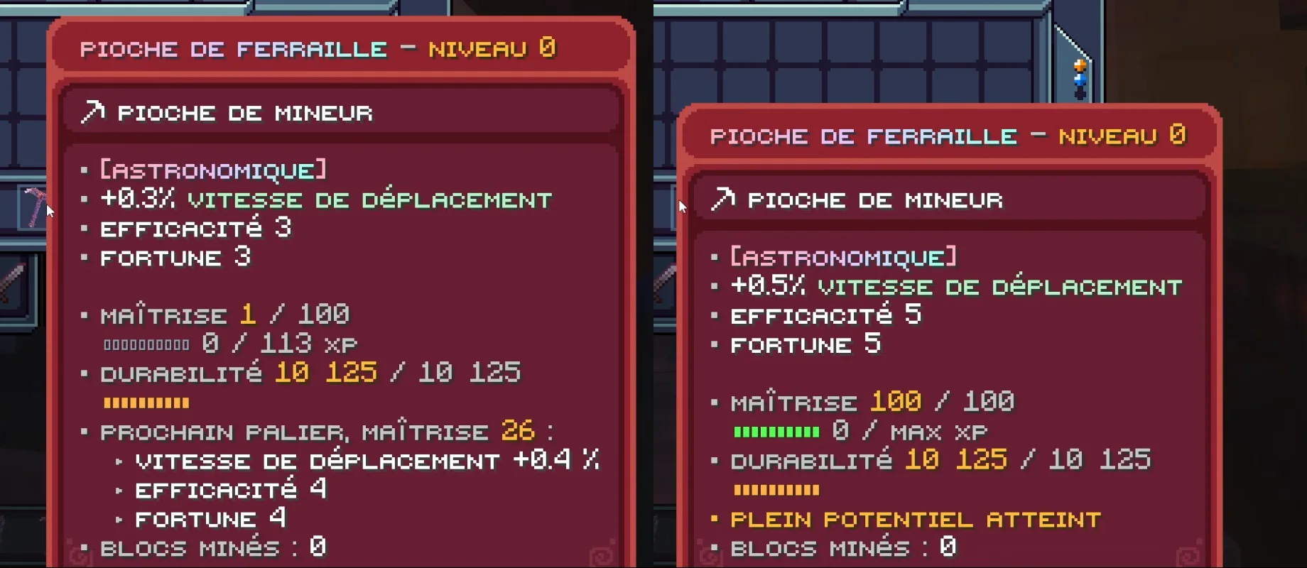 Deux infobulles de la même pioche de ferraille astronomique : Efficacité 3 et Fortune 3 à la maîtrise 1, Efficacité 5 et Fortune 5 à la maîtrise 100, plein potentiel atteint