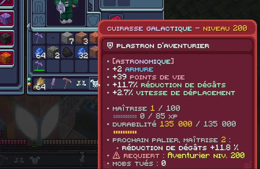 L'infobulle de la Cuirasse galactique niveau 200 astronomique : +2 d'armure, +39 PV, 11,7 % de réduction de dégâts, 2,7 % de vitesse de déplacement