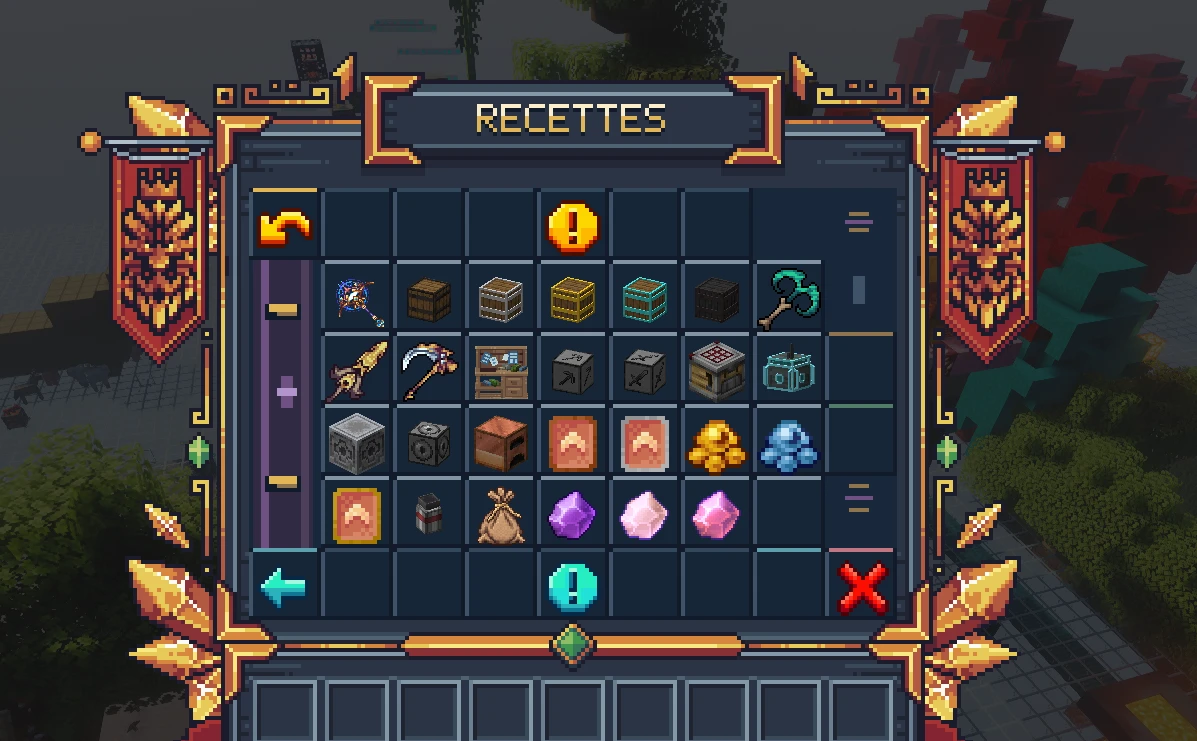 Le livre des recettes de /ccraft, avec les pierres mystique, céleste et draconique sur la dernière ligne