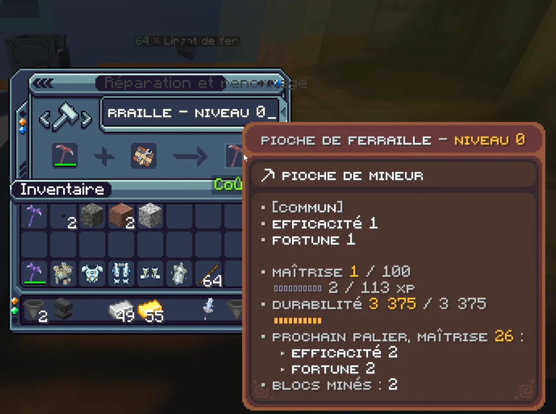 L'enclume : la pioche de ferraille et un module de réparation niveau 0, la pioche ressort avec toute sa durabilité