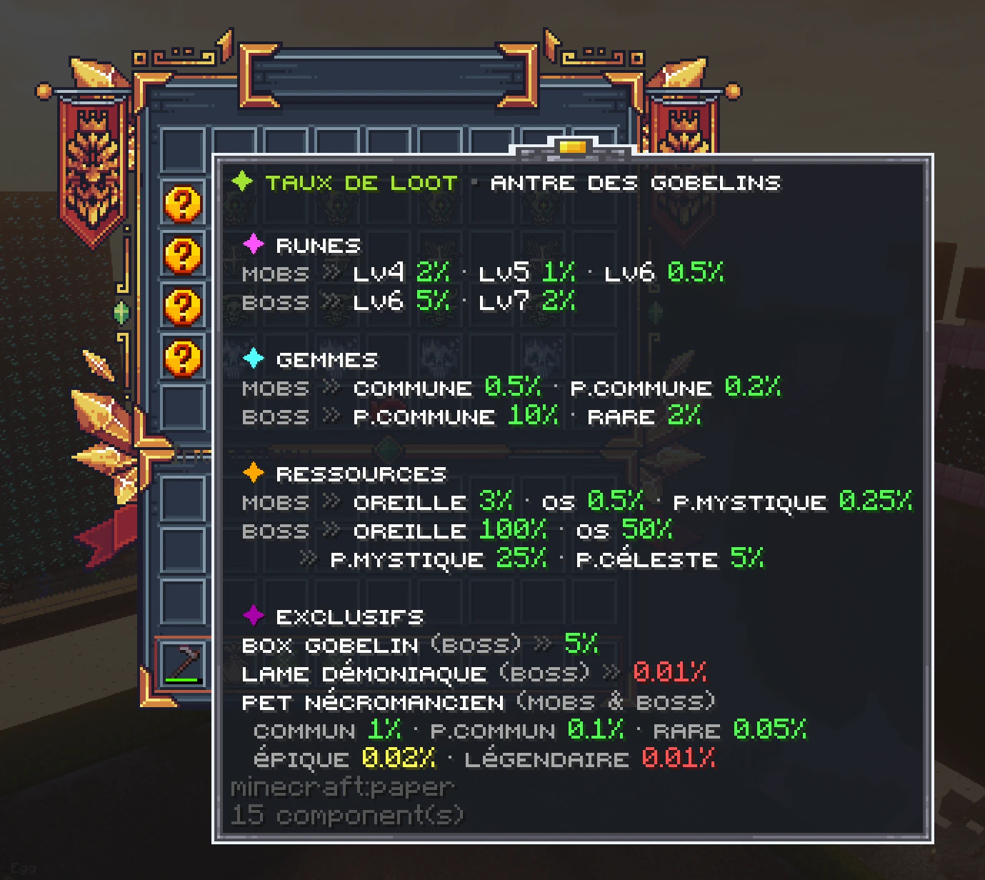 Récapitulatif des taux de loot dans le menu donjon