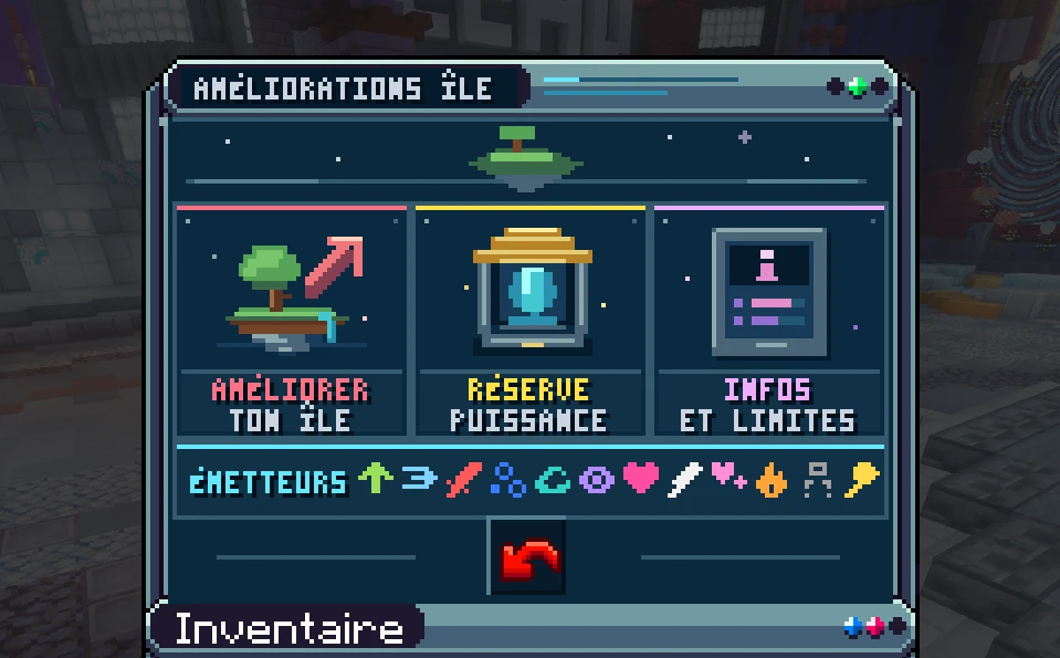 Le menu Améliorations île, ouvert par le bouton Améliorations de /ile : améliorer ton île, réserve de puissance, infos et limites, et la bande des émetteurs