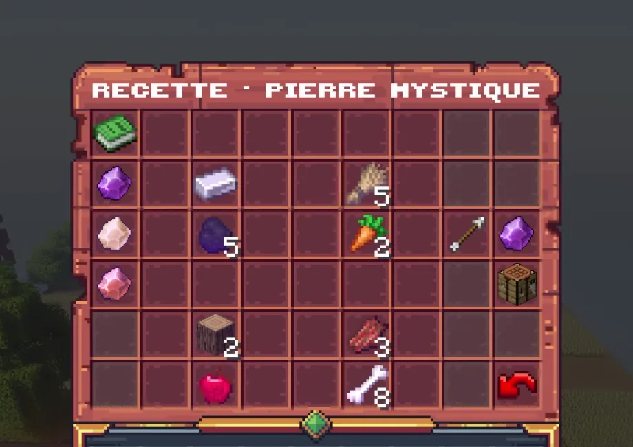 La page de recette de la pierre mystique en Saison 2 : les ressources compactées posées case par case