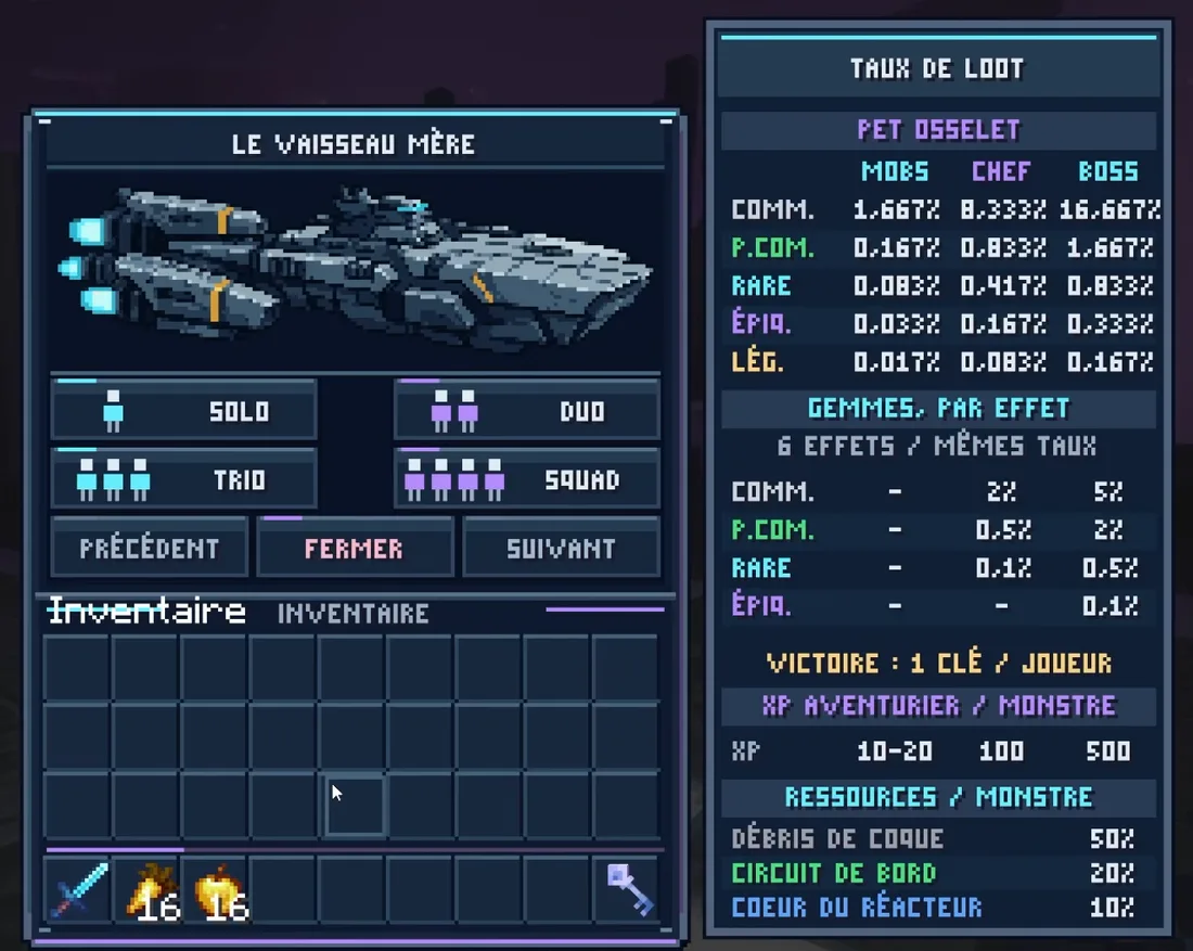Le menu du Vaisseau mère : solo, duo, trio, squad, et le panneau des taux de loot (pet Osselet, gemmes, XP d'Aventurier, ressources)