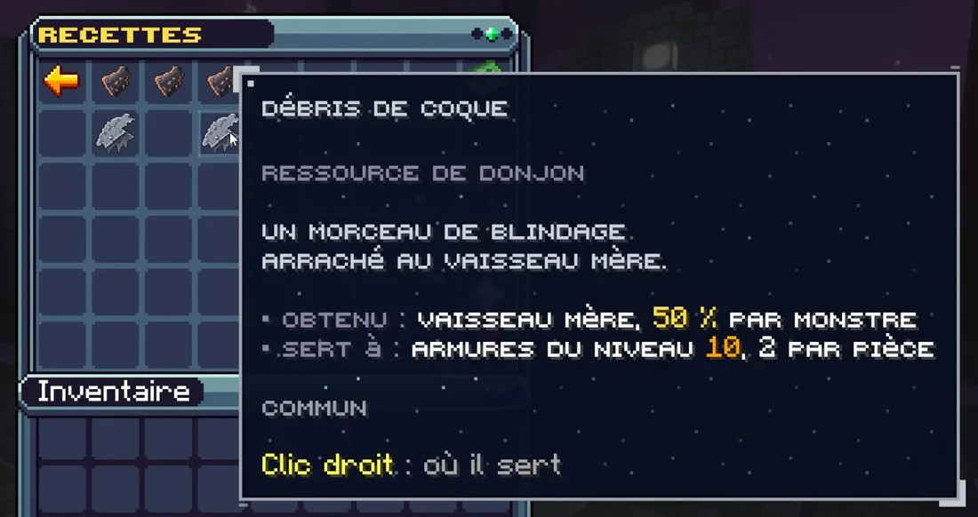 L'infobulle du débris de coque : ressource de donjon, obtenu au Vaisseau mère à 50 % par monstre, sert aux armures du niveau 10, 2 par pièce