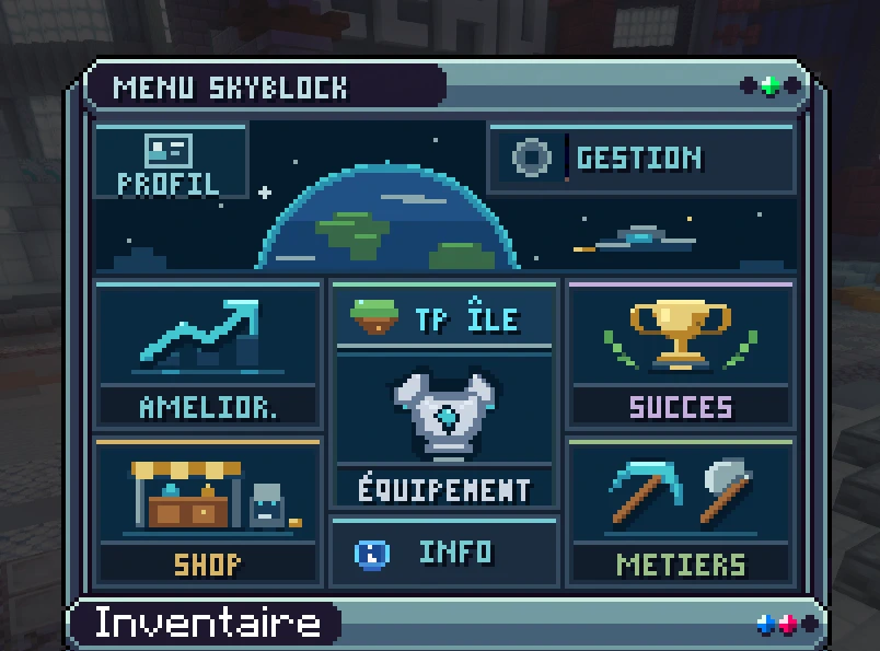 Le menu Skyblock, ouvert par /ile : profil, gestion de l'île, améliorations, téléportation à l'île, équipement, succès, shop, informations et métiers