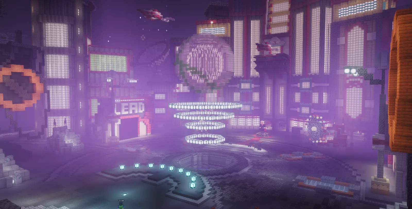 Le spawn de la Saison 3 : une ville spatiale violette, vaisseaux en vol et anneaux lumineux