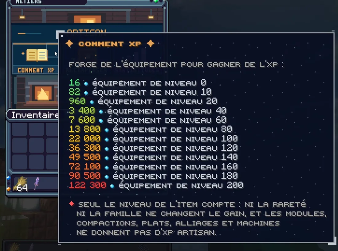 L'infobulle « Comment XP » du métier d'Artisan : 16 XP pour un équipement de niveau 0, jusqu'à 122 300 au niveau 200