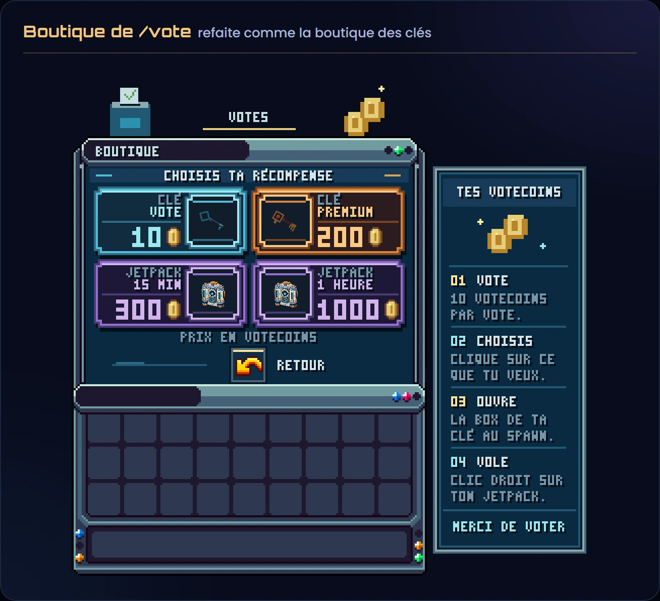La nouvelle boutique de /vote : en haut la clé de vote à 10 Votecoins et la clé Premium à 200, en bas le jetpack de 15 minutes à 300 et le jetpack d'une heure à 1 000, et à droite le panneau « Tes Votecoins » en 4 étapes