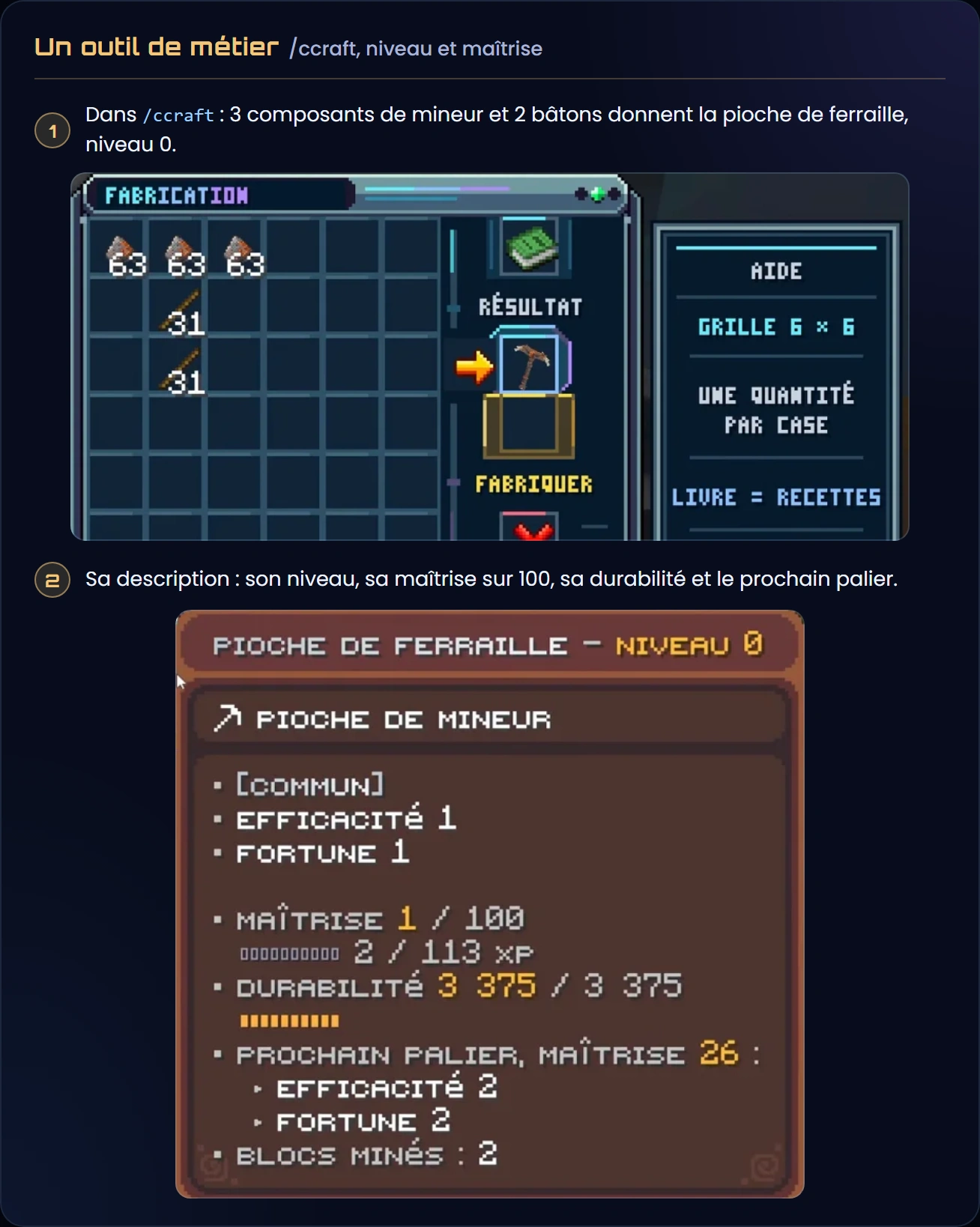 La description d'une pioche de ferraille de niveau 0 : rareté, efficacité, fortune, maîtrise 1 sur 100, durabilité et prochain palier de maîtrise