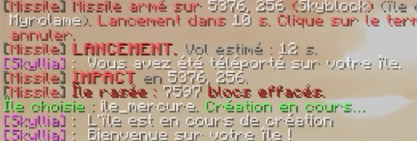 Le chat en jeu : missile armé, lancement, impact, puis « Île rasée : 7597 blocs effacés »