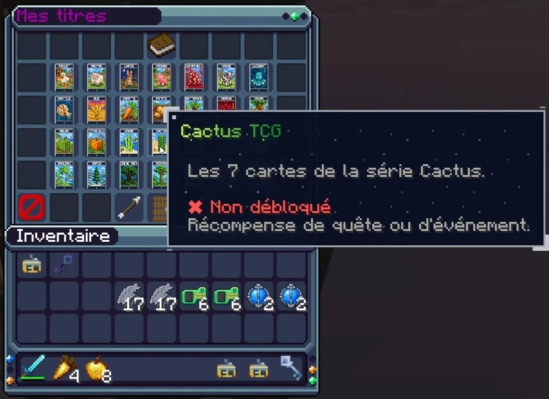 Le menu Mes titres : le titre Cactus TCG, pour les 7 cartes de la série Cactus