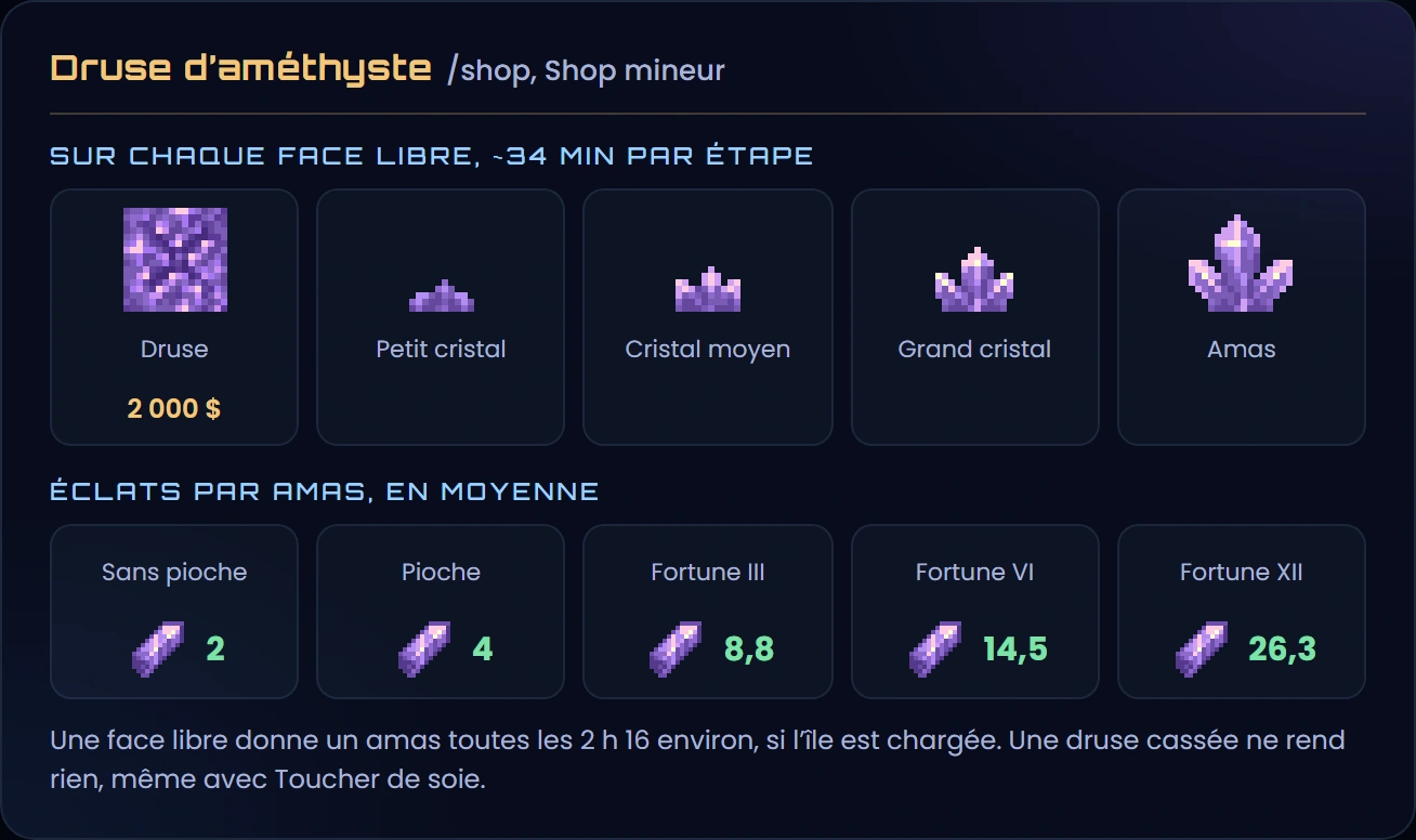 Une druse d'améthyste à 2 000 $, puis le petit cristal, le cristal moyen, le grand cristal et l'amas, environ 34 minutes par étape ; un amas donne 2 éclats sans pioche, 4 à la pioche, 8,8 en Fortune III, 14,5 en Fortune VI et 26,3 en Fortune XII
