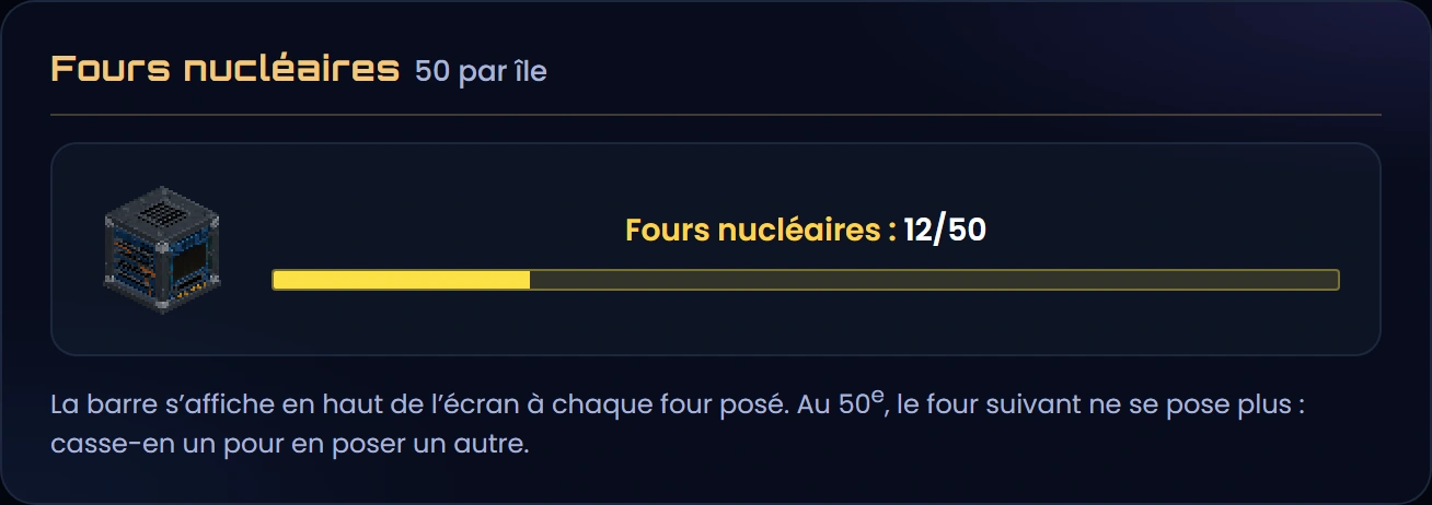Un four nucléaire et la barre « Fours nucléaires : 12/50 » qui s'affiche à chaque pose
