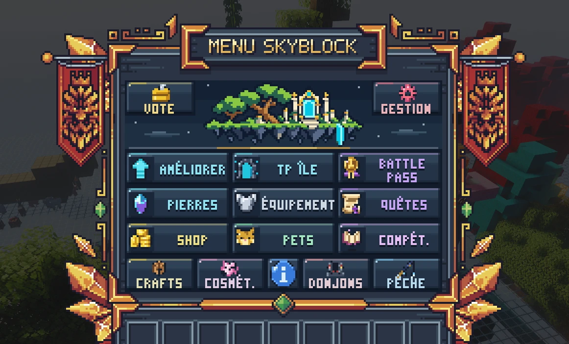 Le nouveau menu /is : Vote, Gestion, Améliorer, TP île, Battle Pass, Pierres, Équipement, Quêtes, Shop, Pets, Compétences, Crafts, Cosmétiques, Informations, Donjons et Pêche