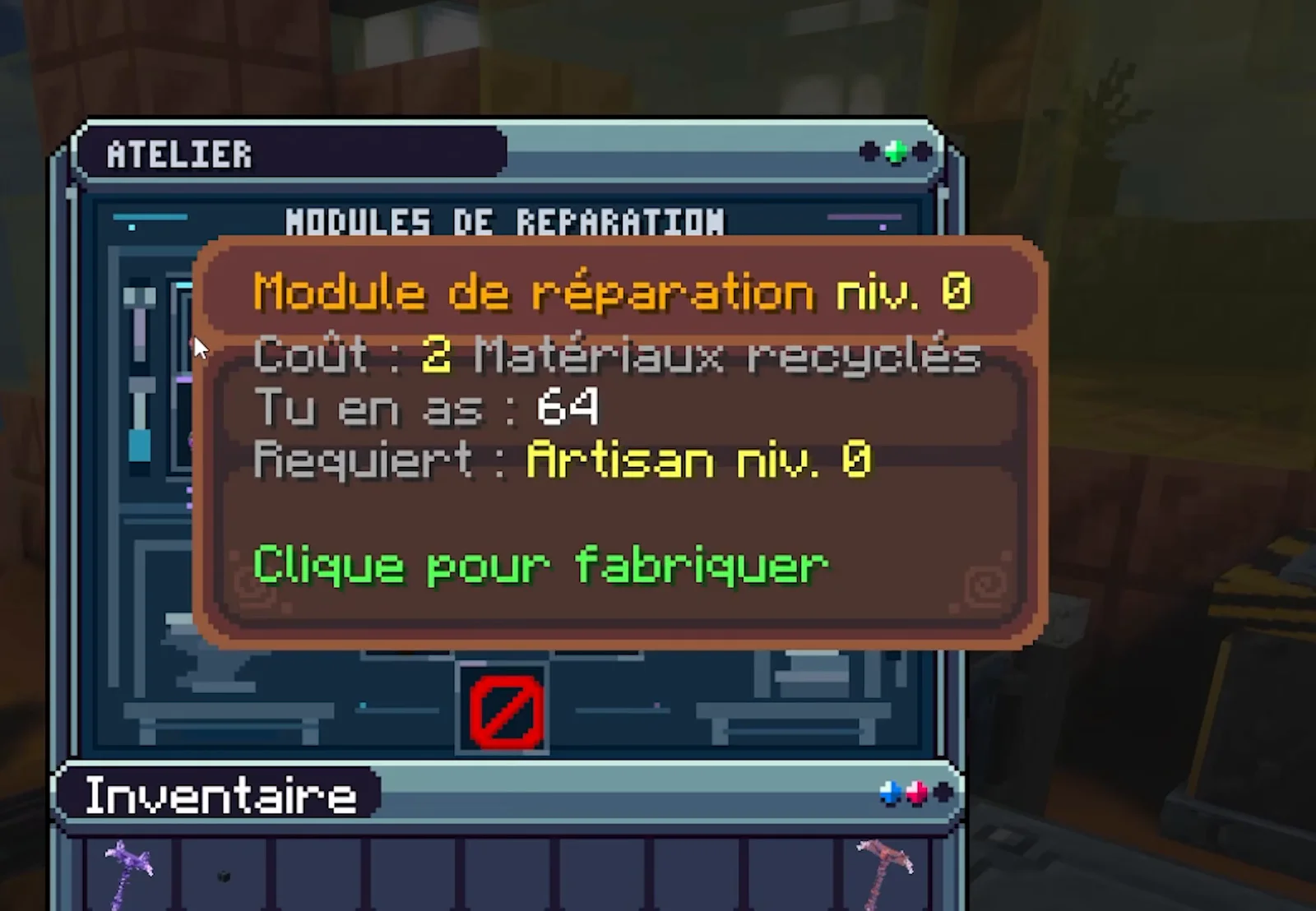 L'atelier : les modules de réparation du niveau 0 au niveau 200, le module niveau 0 coûte 2 matériaux recyclés et demande Artisan niveau 0