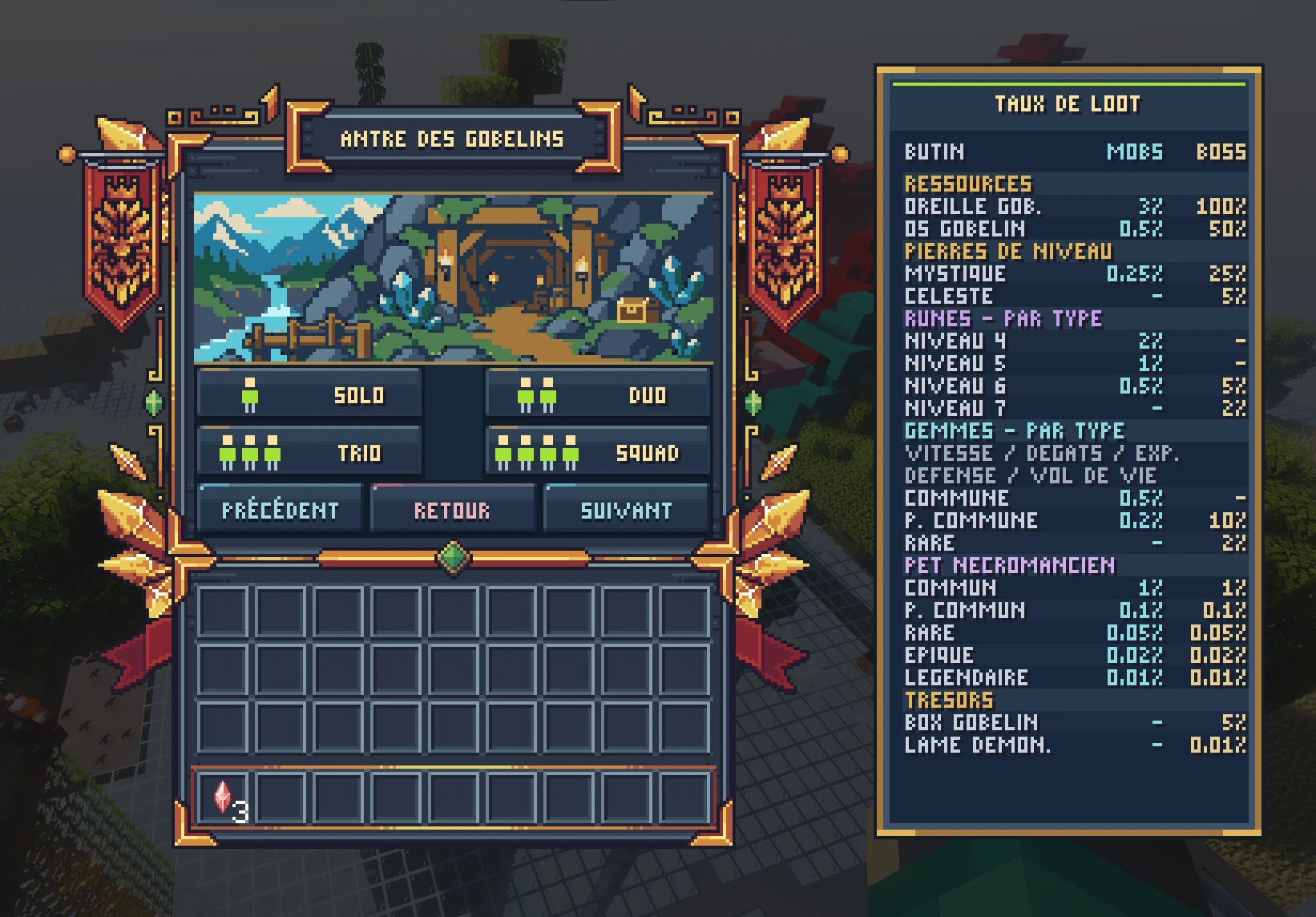 Le menu de l'Antre des gobelins : bannière, modes Solo, Duo, Trio et Squad, et panneau des taux de loot des mobs et du boss