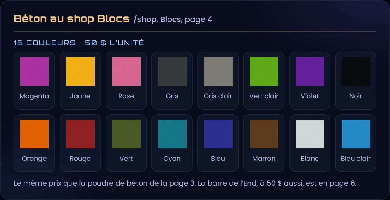Les 16 bétons du shop Blocs : magenta, jaune, rose, gris, gris clair, vert clair, violet, noir, orange, rouge, vert, cyan, bleu, marron, blanc et bleu clair, à 50 $ l'unité