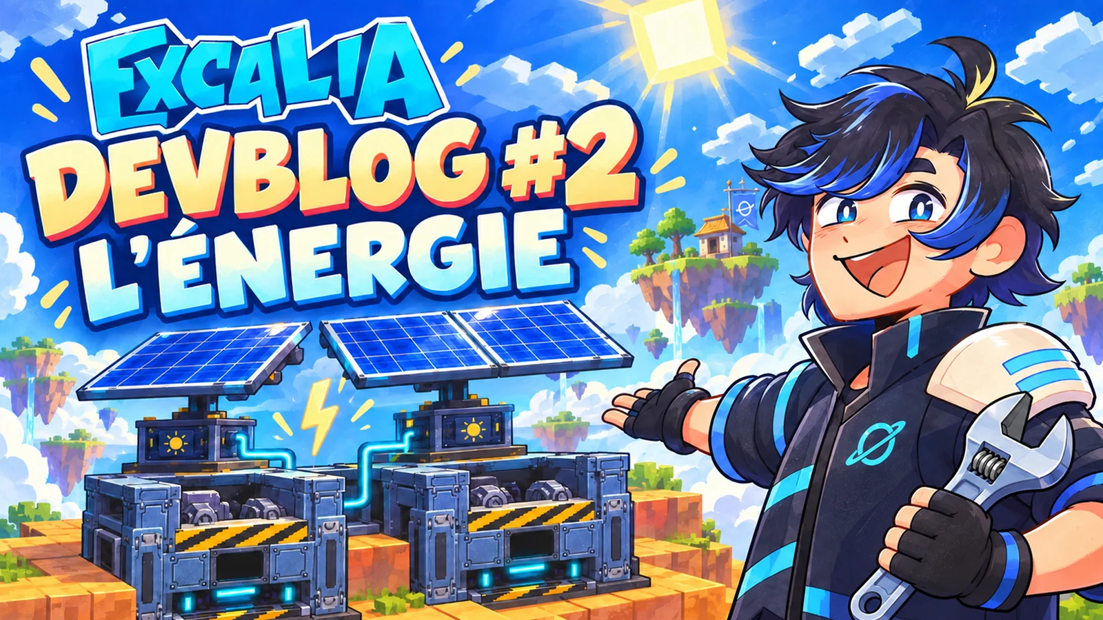 Miniature du devblog 2 d'Excalia sur l'énergie : un astronaute avec une clé à molette devant des machines reliées à des panneaux solaires