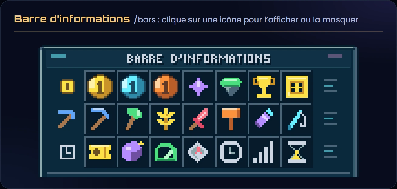 Le menu /bars et ses 21 icônes : monnaies, puissance, rang et banque, les métiers, puis Battle Pass, Forage, TPS, coordonnées, heure, ping et session