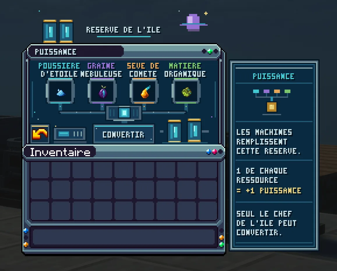 Le menu de la réserve d'île : les quatre ressources, le bouton Convertir, et le rappel « 1 de chaque ressource = +1 puissance »