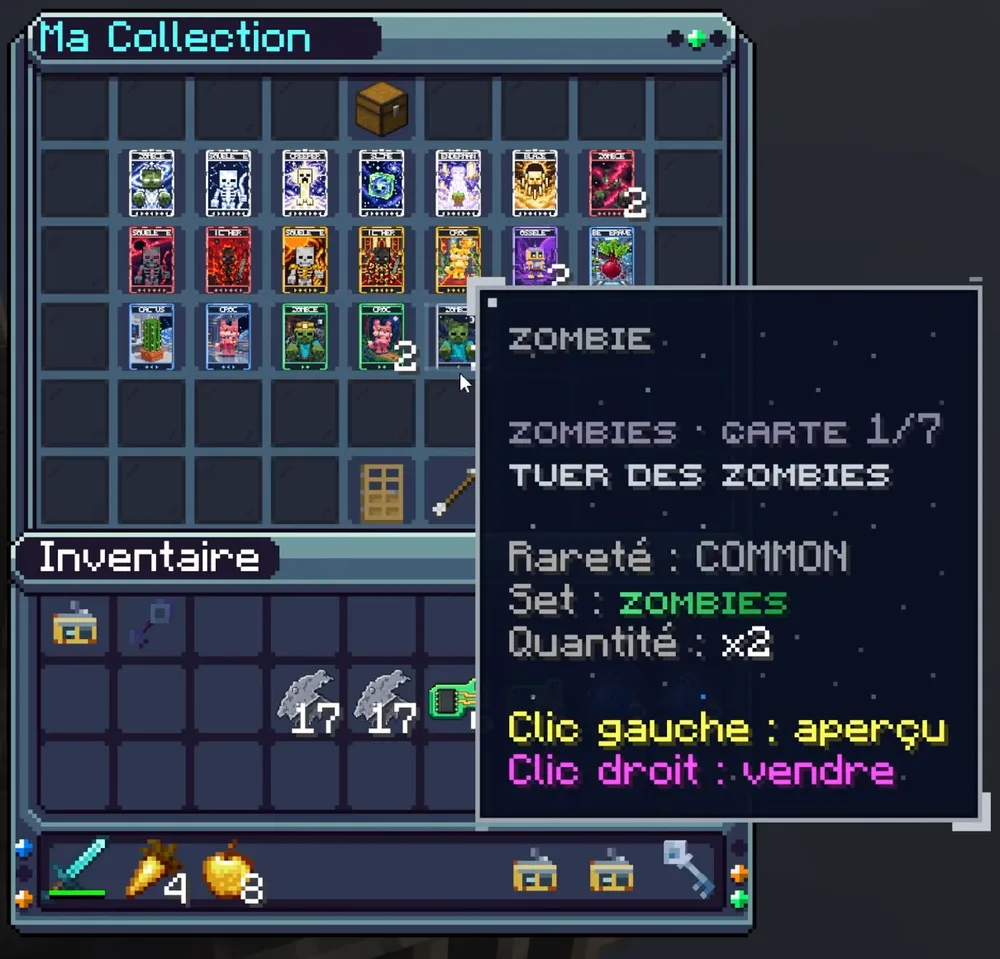 Le menu Ma collection : la carte Zombie, carte 1 sur 7 de la série Zombies, rareté commune, obtenue en tuant des zombies