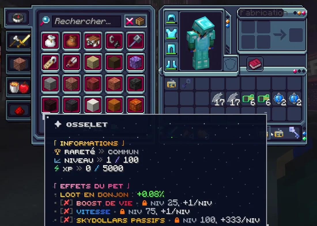 L'infobulle du pet Osselet commun, niveau 1 : loot en donjon +0,08 %, boost de vie au niveau 25, vitesse au niveau 75, Skydollars passifs au niveau 100