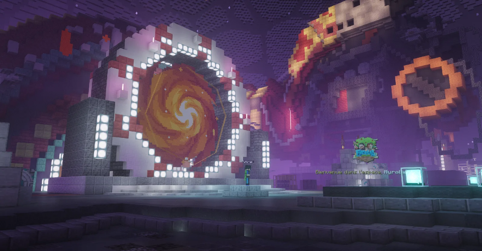 Le portail du spawn, une galaxie orange encadrée de pierre, sur la place principale de la base spatiale