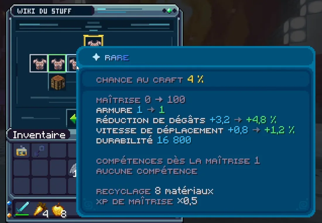 Le wiki du stuff : le plastron de nova rare, chance au craft 4 %, réduction de dégâts +3,2 à +4,8 %, vitesse de déplacement +0,8 à +1,2 %