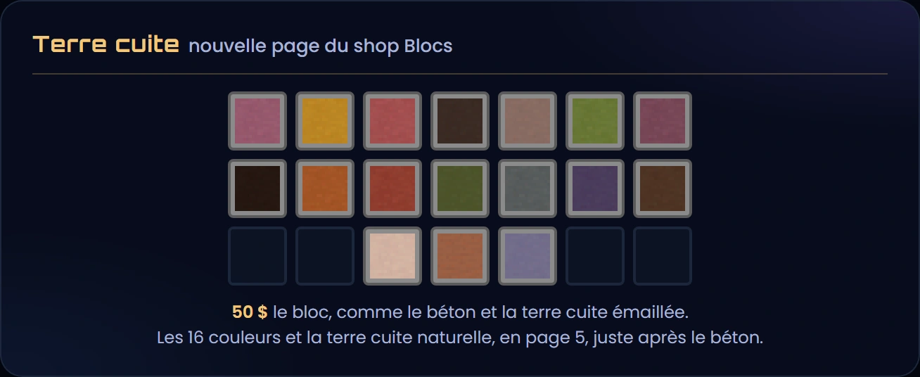 La nouvelle page du shop Blocs : les 16 terres cuites de couleur et la terre cuite naturelle, à 50 $ le bloc