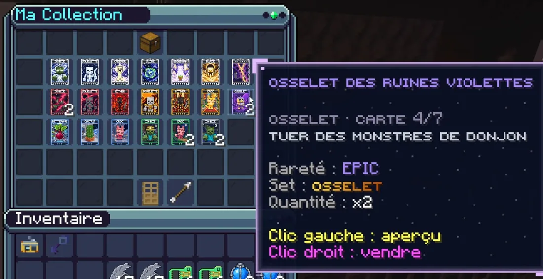 L'infobulle de la carte « Osselet des ruines violettes » : série Osselet, carte 4 sur 7, rareté épique, obtenue en tuant des monstres de donjon