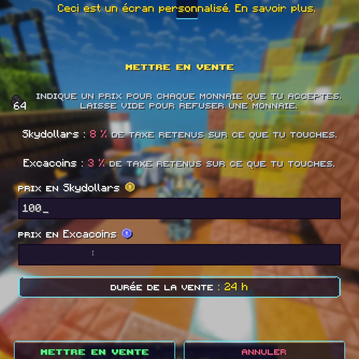 L'hôtel des ventes en jeu : chaque annonce affiche son prix en Skydollars ou en Excacoins