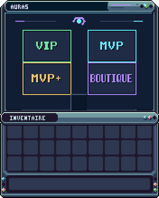Auras : catégories · clic dans le menu « Auras » — Choix de la catégorie des auras : VIP, MVP, MVP+ ou Boutique (Excacoins).