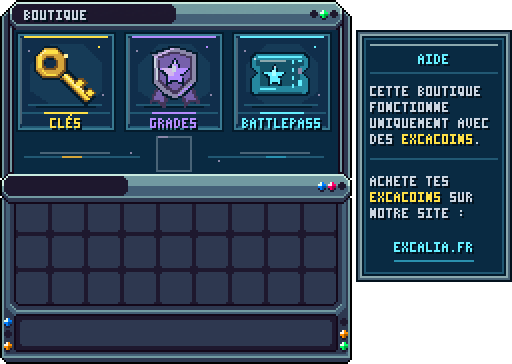 Boutique · /boutique — Boutique Excacoins en jeu : clés de box, grades (VIP, MVP, MVP+) et Battle Pass.