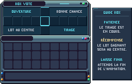 Box de vote : ouverture · clic droit avec une clé de vote — Roulette d'ouverture (type CSGO) de la box de vote ; aussi utilisée par les box Base Rouge et Vaisseau mère.
